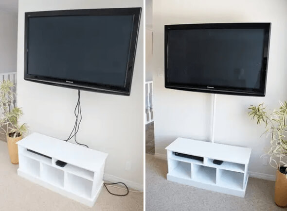 Hide The Cords Hanging Behind Your TV With A Shower Curtain Rod